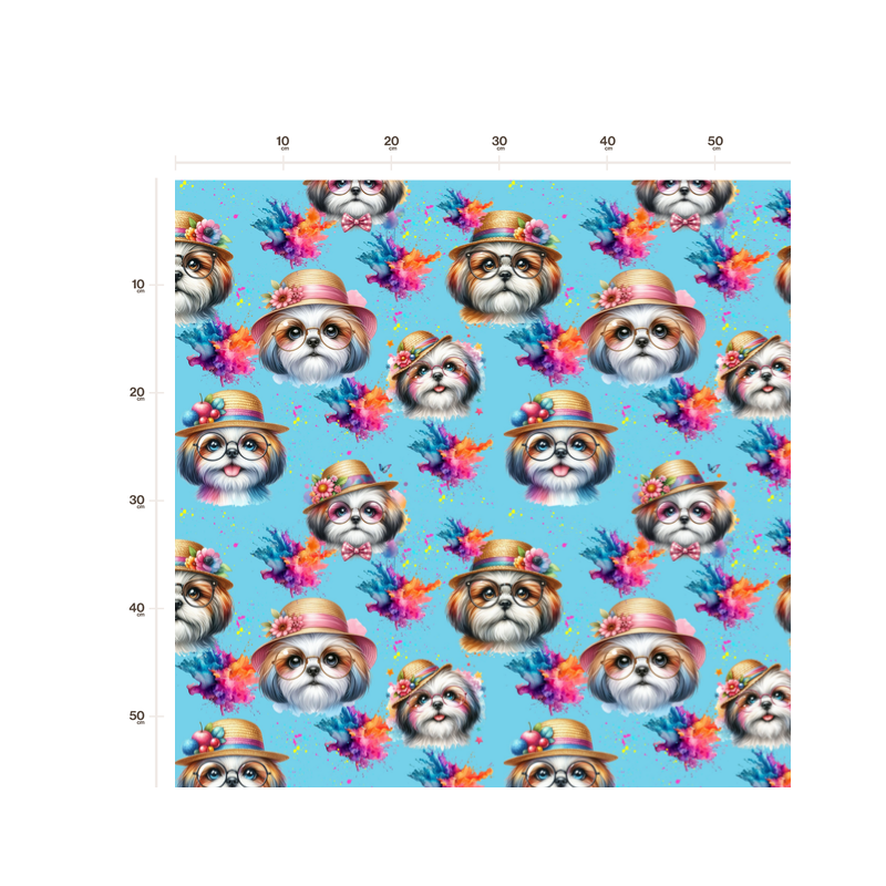 50 cm French Terry Sommersweat Shih Tzu Brille Hut Bunt Türkis –145 cm 240 g/m² Eigenproduktion