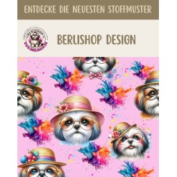 50 cm French Terry Sommersweat Shih Tzu Brille Hut Splash Rosa Bunt –145 cm 240 g/m² Eigenproduktion