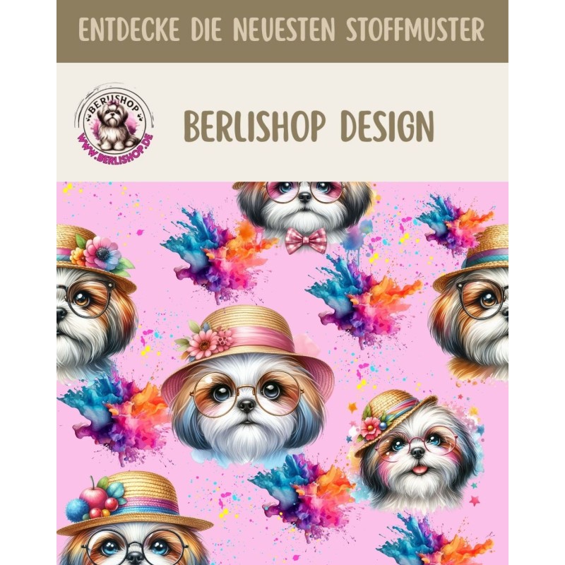 50 cm French Terry Sommersweat Shih Tzu Brille Hut Splash Rosa Bunt –145 cm 240 g/m² Eigenproduktion