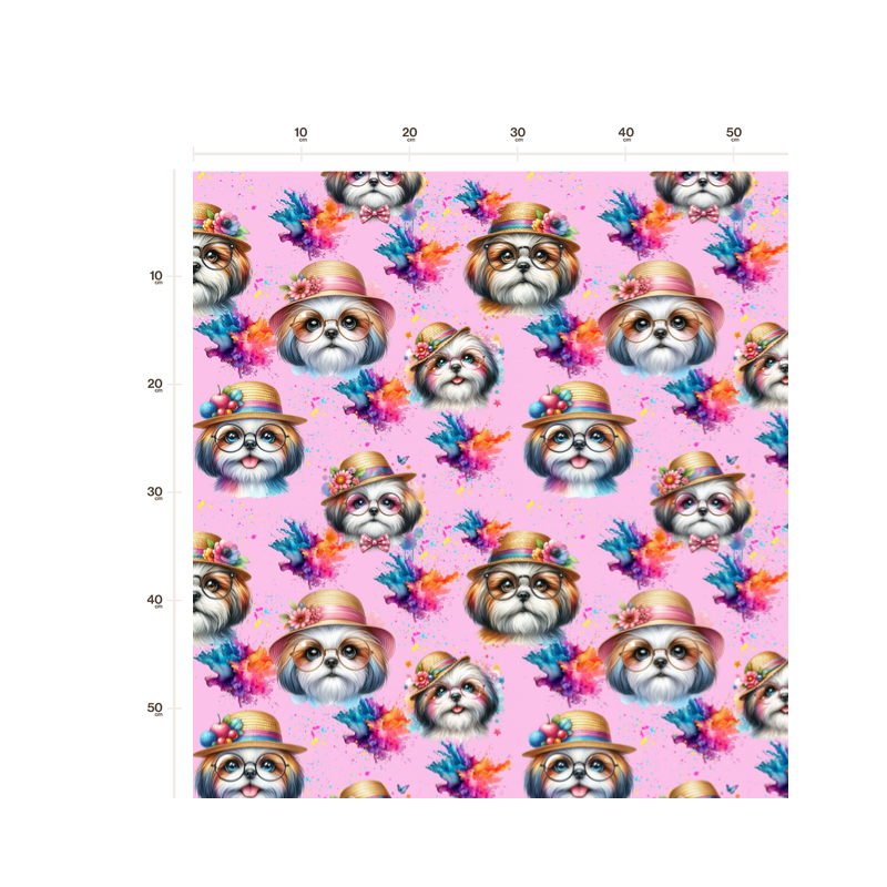 50 cm French Terry Sommersweat Shih Tzu Brille Hut Splash Rosa Bunt –145 cm 240 g/m² Eigenproduktion