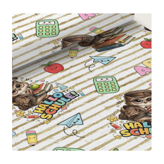 1 m Coupon Oxford Stoff Eule Schule Bücher ABC Beige Bunt 150 cm 210 g/m² – Eigenproduktion