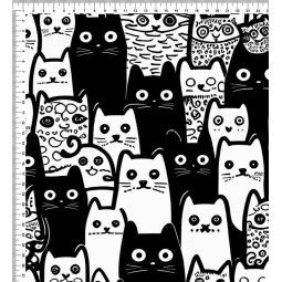 Jersey Katzen Skandi Stil Stoff 180 cm ( Überbreite) – Schwarz Weiß Comics – 220 g/m² – Deko & Kleidung