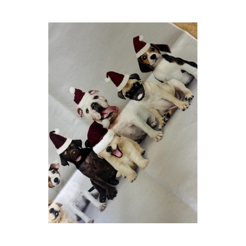 Kissenpanel Hunde Weihnachten mit Nikolausmützen – Polstervelours 330 g/m – Weihnachtsstoff Hundemotiv – Kissen nähen DIY