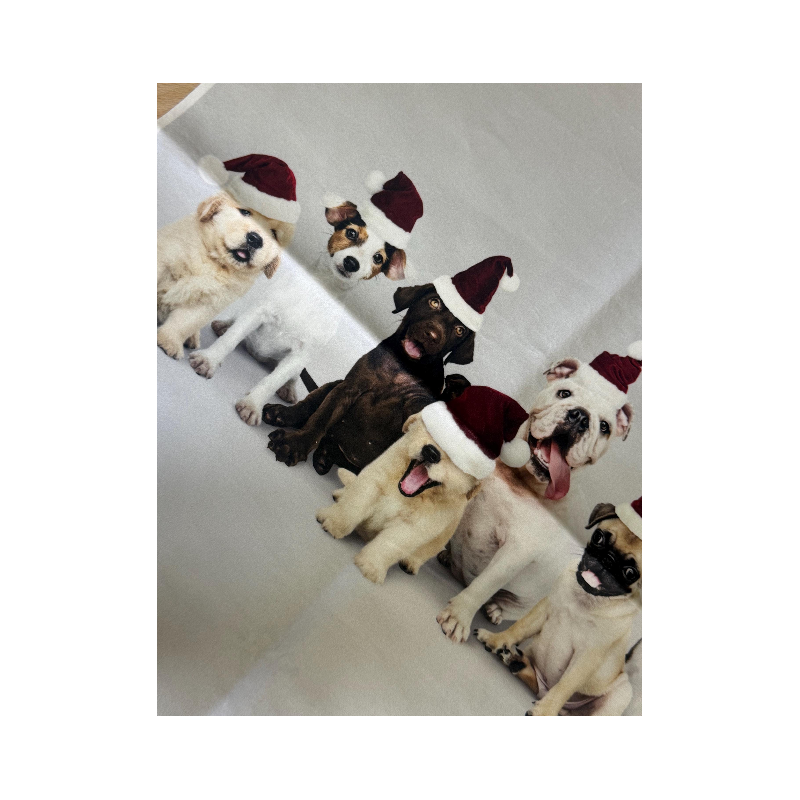 Kissenpanel Polstervelours Hunde Weihnachten mit Nikolausmützen 330 g/m – Weihnachtsstoff Hundemotiv – Kissen nähen DIY