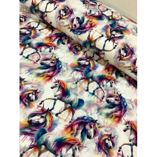 Jersey Einhorn Stoff 180 cm ( Überbreite) – Aquarell Regenbogen – 220 g/m² – Deko & Kleidung
