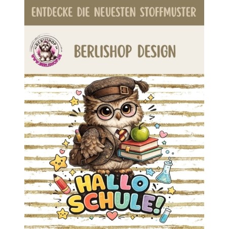 Stoffpanel Hallo Schule Eule Einschulung French Terry Sommersweat ca. 30x40 cm– Kissen, Tasche, Kleidung
