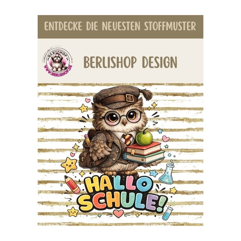 Stoffpanel Hallo Schule Eule Einschulung French Terry Sommersweat ca. 30x40 cm– Kissen, Tasche, Kleidung