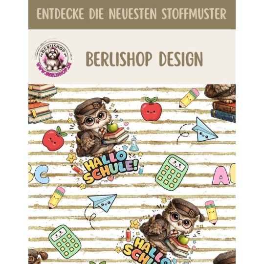 Stoffpanel Hallo Schule Eule Einschulung French Terry Sommersweat ca. 30x40 cm– Kissen, Tasche, Kleidung