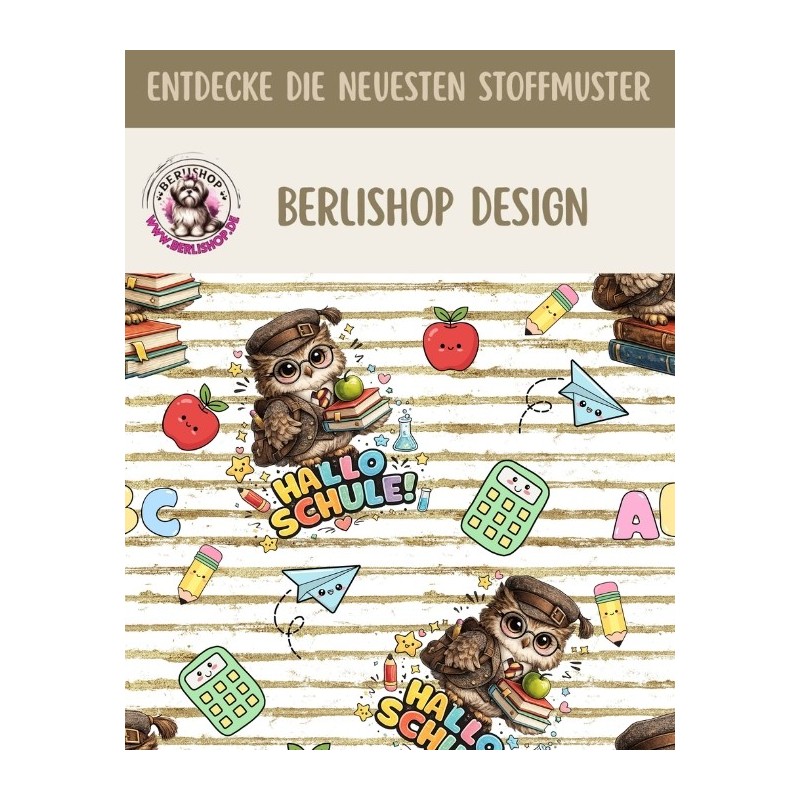 Stoffpanel Hallo Schule Eule Einschulung French Terry Sommersweat ca. 30x40 cm– Kissen, Tasche, Kleidung