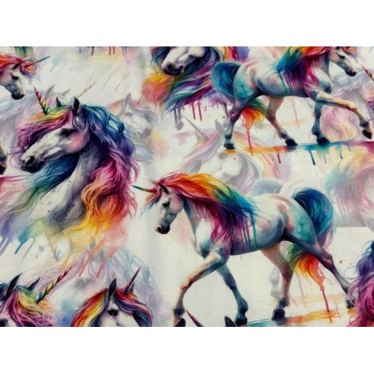 Jersey Einhorn Stoff 180 cm ( Überbreite) – Aquarell Regenbogen – 220 g/m² – Deko & Kleidung