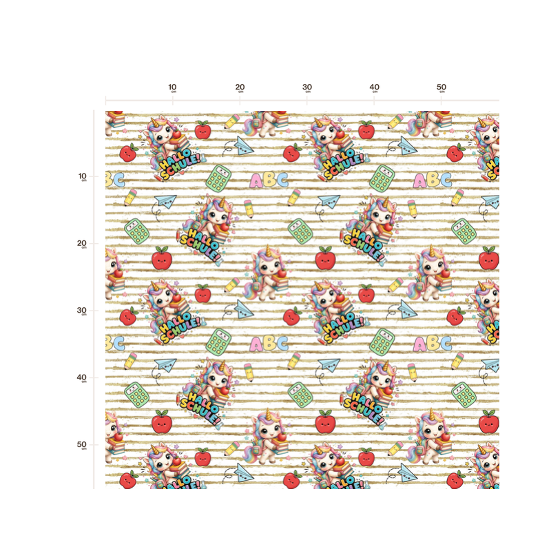 1m Coupon French Terry Sommersweat Einhorn Schule ABC Weiß Beige Bunt–240 g/m² – 145 cm – Eigenproduktion