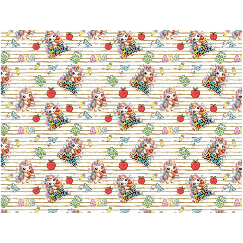 1m Coupon French Terry Sommersweat Einhorn Schule ABC Weiß Beige Bunt–240 g/m² – 145 cm – Eigenproduktion