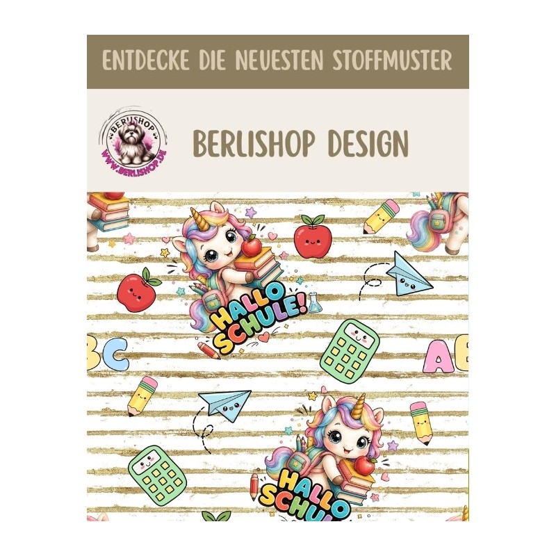 1m Coupon French Terry Sommersweat Einhorn Schule ABC Weiß Beige Bunt–240 g/m² – 145 cm – Eigenproduktion