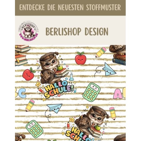 1m Coupon French Terry Sommersweat Eule Schule Bücher ABC Beige Bunt–240 g/m² – 145 cm – Eigenproduktion