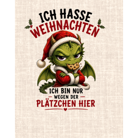 Stoffpanel Drache  Ich hasse Weihnachten lustiger Spruch Baumwolle Weihnachtsstoff ca.40x50cm