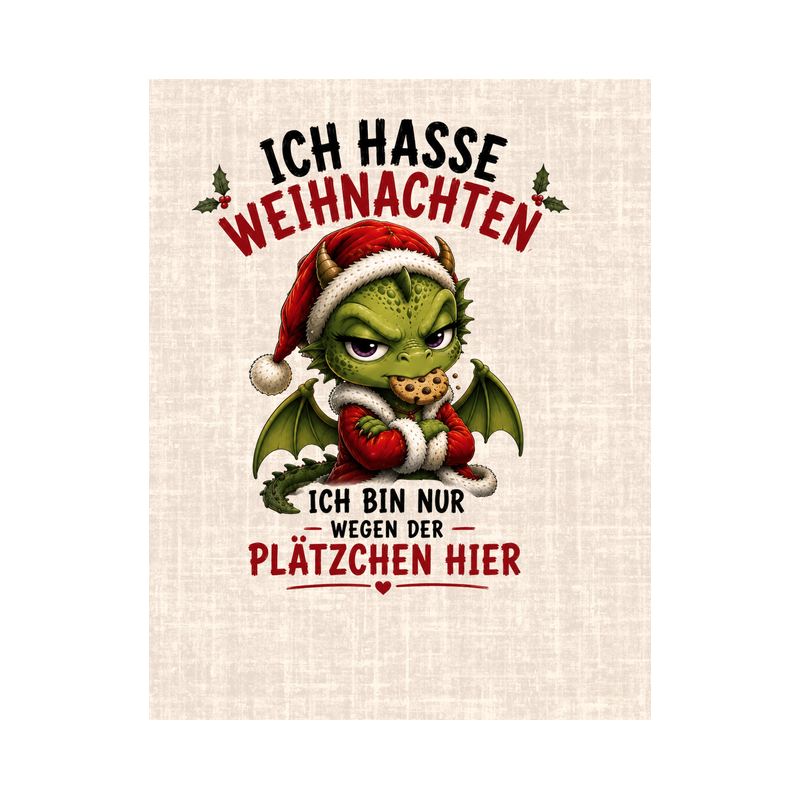 Stoffpanel Drache  Ich hasse Weihnachten lustiger Spruch Baumwolle Weihnachtsstoff ca.40x50cm