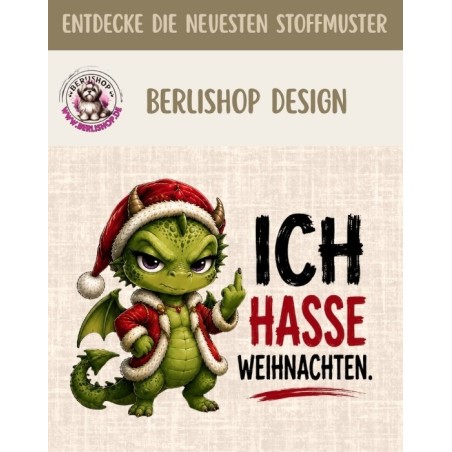 Stoffpanel Oxford Drache Weihnachten Ich hasse Weihnachten Beige Grün Rot ca.30×40 cm– Kissen, Tasche