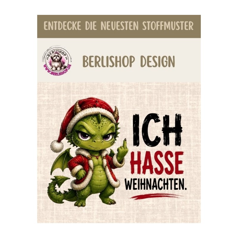 Stoffpanel Oxford Drache Weihnachten Ich hasse Weihnachten Beige Grün Rot ca.30×40 cm– Kissen, Tasche