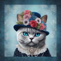 Stoffpanel Mikrofaser Katze mit Blumenhut Blau ca. 40x40 cm – Kissen, Tasche, Deko – 200 g/m²