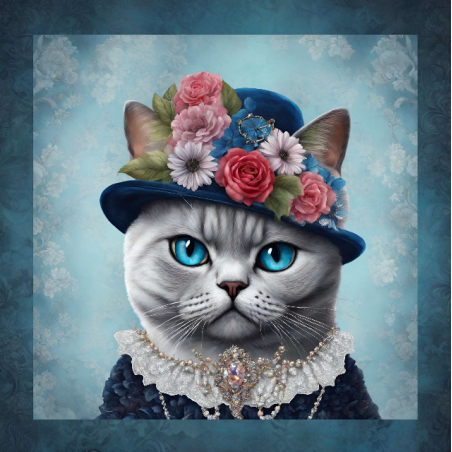 Stoffpanel Katze mit Blumenhut Blau Oxford ca. 50x40 cm – Kissen, Tasche, Deko – 210 g/m²