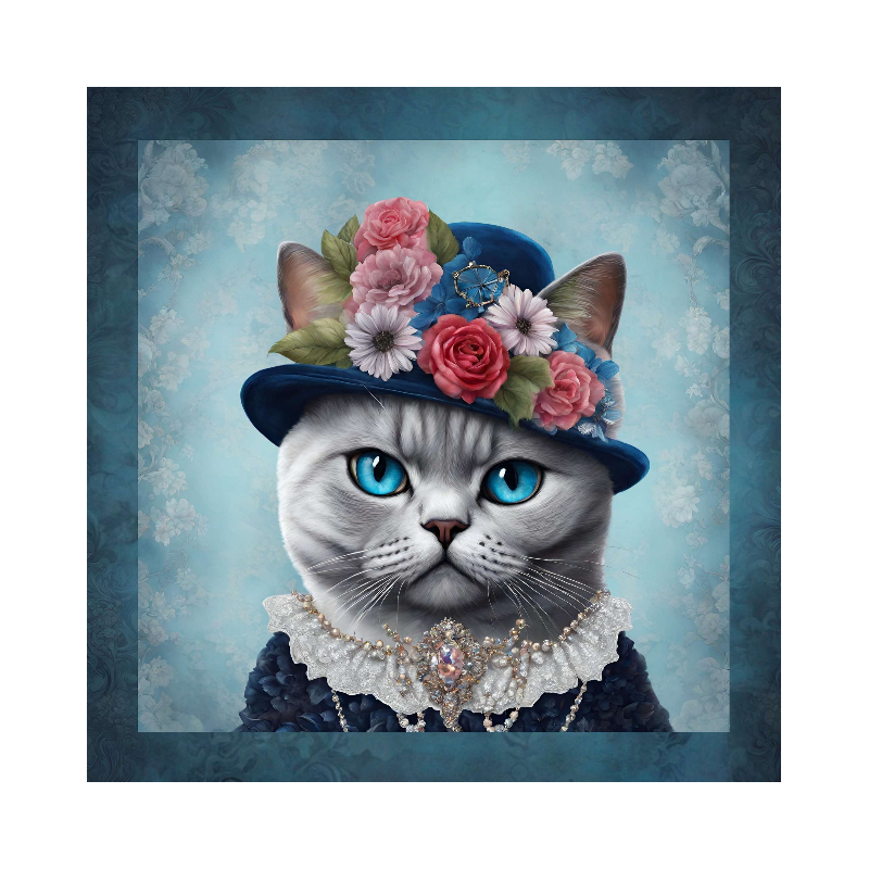 Stoffpanel Katze mit Blumenhut Blau Oxford ca. 50x40 cm – Kissen, Tasche, Deko – 210 g/m²