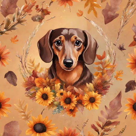 Stoffpanel Dackel Sonnenblumen Herbst Retro Oxford ca. 50x50 cm – Kissen, Tasche, Deko – 210 g/m²