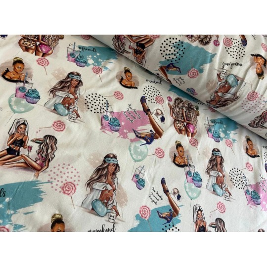 Jersey Stoff - Girls Lifestyle Coffee & Cupcakes Pastellfarben Rosa Türkis Digitaldruck Überbreite 180 cm breit