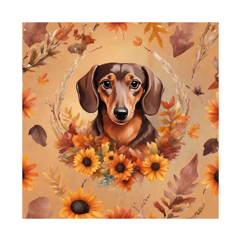 Stoffpanel Mikrofaser Dackel Sonnenblumen Herbst Retro ca. 40x40 cm – Kissen, Tasche, Deko – 200 g/m²
