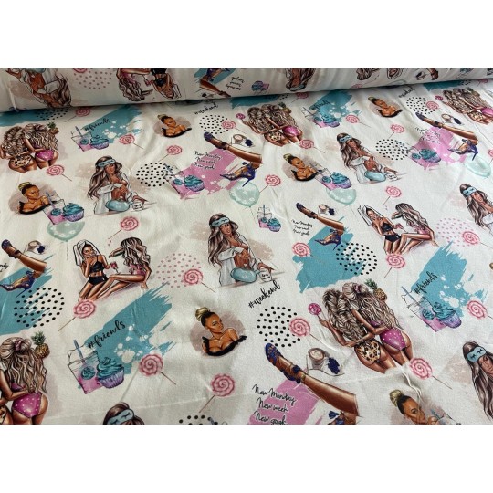 Jersey Stoff - Girls Lifestyle Coffee & Cupcakes Pastellfarben Rosa Türkis Digitaldruck Überbreite 180 cm breit