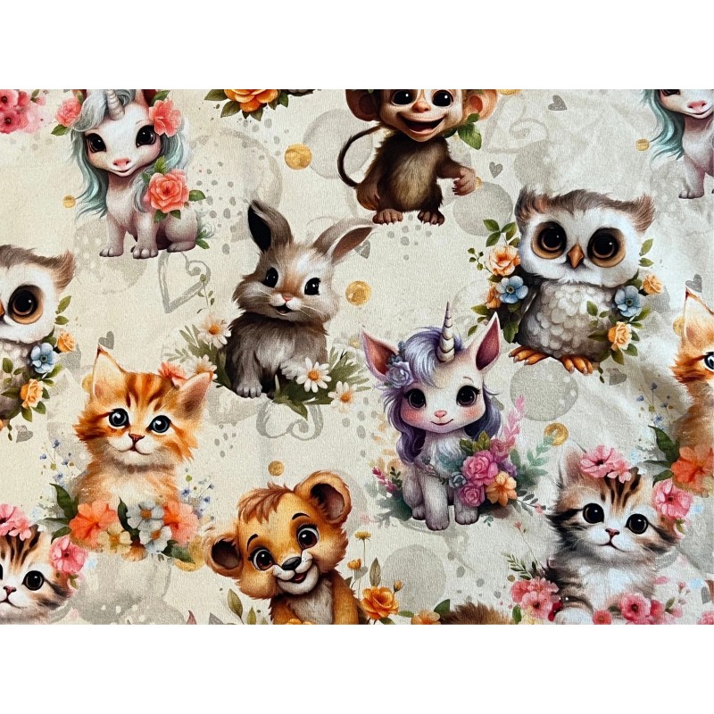 Jersey Waldtiere & Einhorn Stoff 180 cm ( Überbreite)  – Pastellfarben Aquarell Tiere – 220 g/m² – Deko & Kleidung