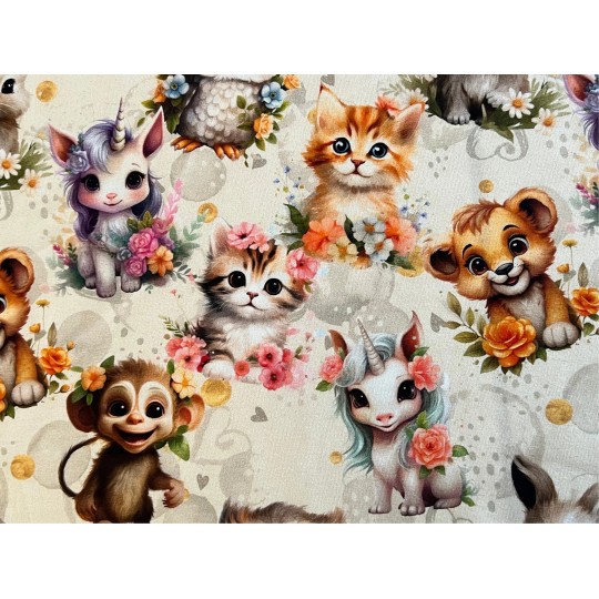 Jersey Waldtiere & Einhorn Stoff 180 cm ( Überbreite)  – Pastellfarben Aquarell Tiere – 220 g/m² – Deko & Kleidung