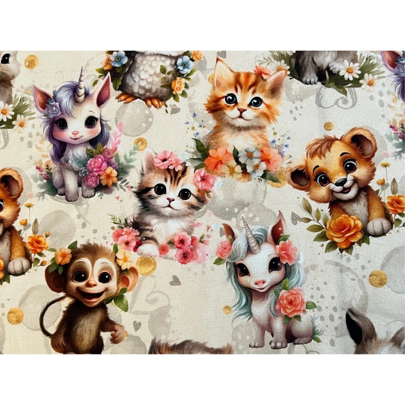 Jersey Waldtiere & Einhorn Stoff 180 cm ( Überbreite)  – Pastellfarben Aquarell Tiere – 220 g/m² – Deko & Kleidung