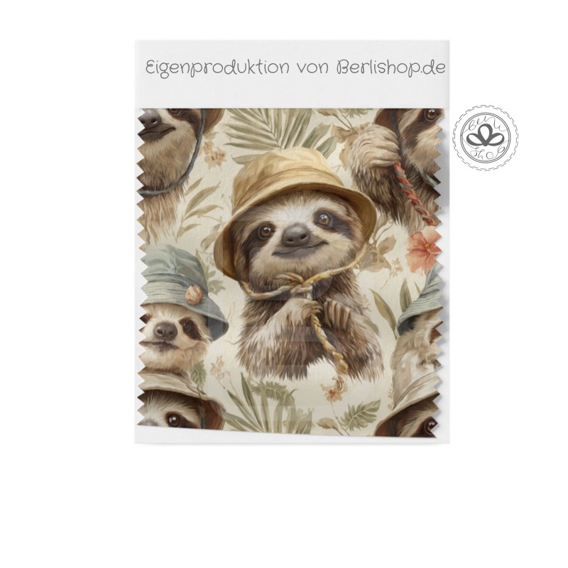 Pre-Order Faultier Safari Stoff Beige Grün – Stoffdesign von Berlishop - 10 Stoffe zu Auswahl – Meterware