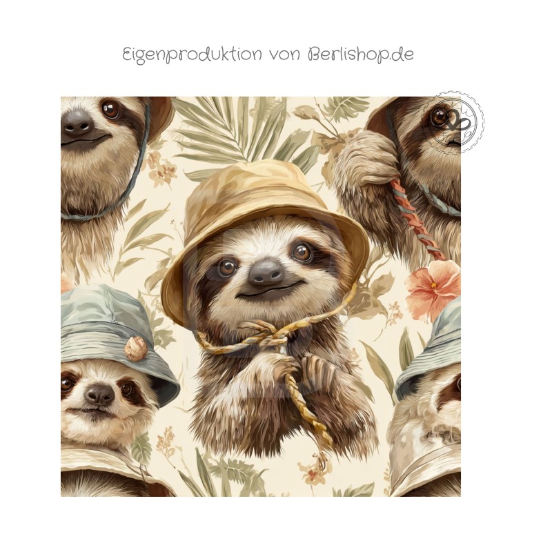 Faultier Stoff – niedliche Faultiere – Naturtöne – wählbar in 10 Stoffarten