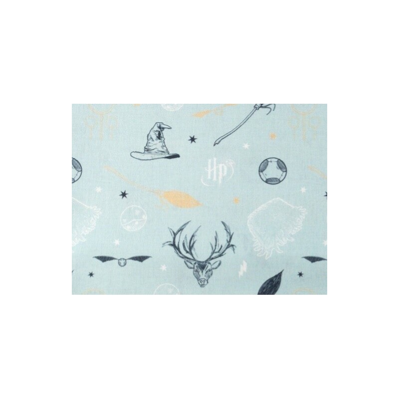 Baumwolle Lizenz 150 cm – Harry Potter, Magie Items,  Zauberer, Hogwards, Monogramm, Eisblau – 130 g/m² – Kinder & Deko