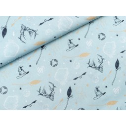 Baumwolle Lizenz 150 cm – Harry Potter, Magie Items,  Zauberer, Hogwards, Monogramm, Eisblau – 130 g/m² – Kinder & Deko