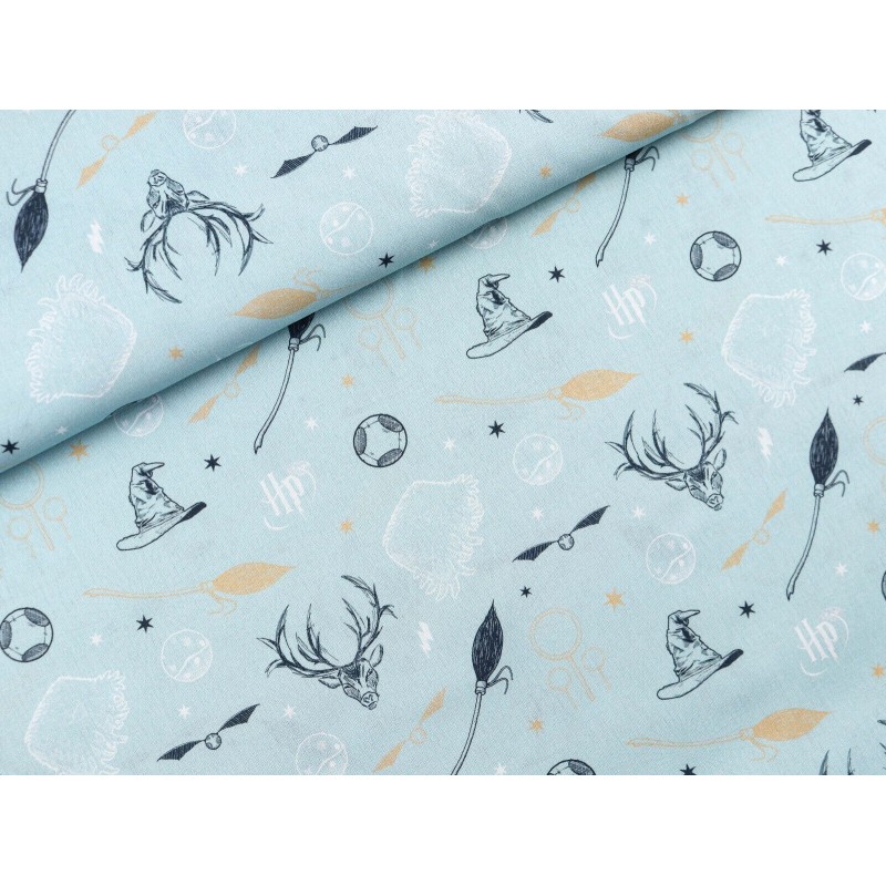 Baumwolle Lizenz 150 cm – Harry Potter, Magie Items,  Zauberer, Hogwards, Monogramm, Eisblau – 130 g/m² – Kinder & Deko