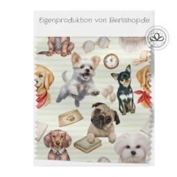 Baumwolle Canvas Welpen Hunde Stoff 160 cm – Chihuahua Mops Dackel Aquarell mit Grünen streifen – 153 g/m² – Eigenproduktion