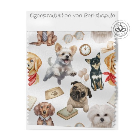 Baumwolle Canvas  Hunde Stoff – Welpen Weiß Chihuahua Mops Dackel Aquarell Kinderstoff Deko Taschen Meterware Nähen DIY