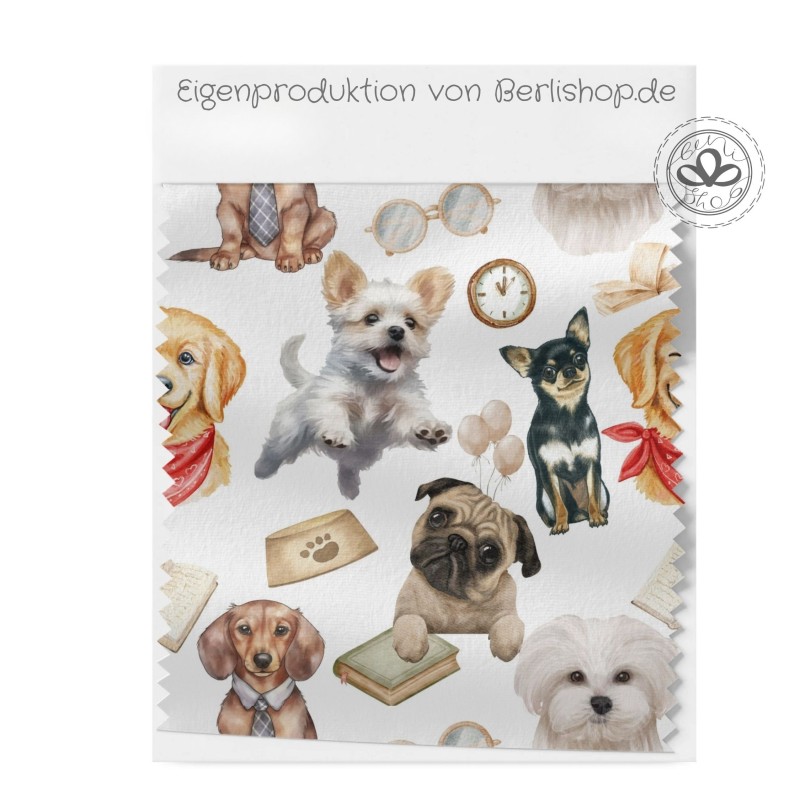 Baumwolle Canvas Welpen Hunde Stoff 160 cm – Chihuahua Mops Dackel Aquarell Weiß – 153 g/m² – Eigenproduktion