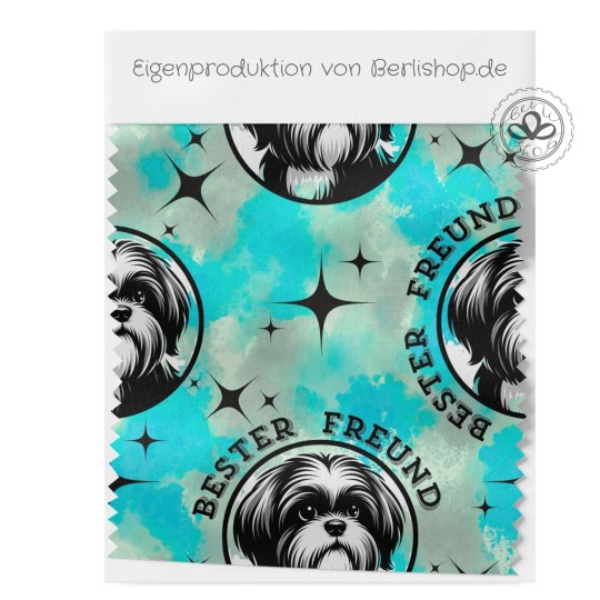Baumwolle Canvas Shih Tzu Stoff 160 cm –Bester Freund Türkis Schwar– 153 g/m² – Eigenproduktion