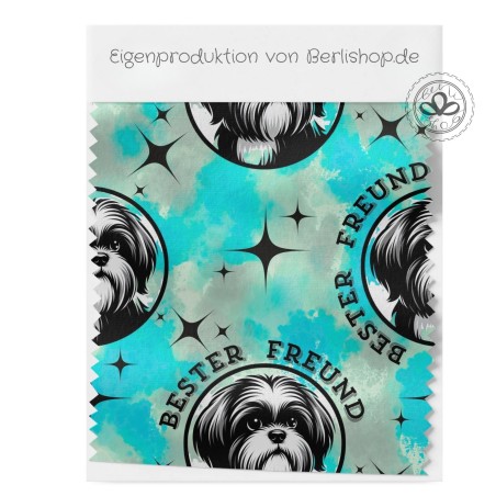 Baumwolle Canvas Hunde Stoff 160 cm –Bester Freund Türkis Schwar– 153 g/m² – Eigenproduktion