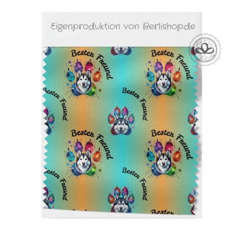 Baumwolle Canvas Husky Stoff – Bester Freund Hund Pfoten Aquarell Bunt Modern Design Deko Meterware Nähen DIY
