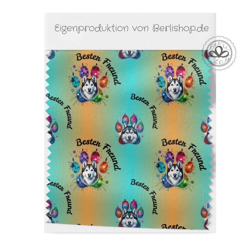 Baumwolle Canvas Husky Stoff – Bester Freund Hund Pfoten Aquarell Bunt Modern Design Deko Meterware Nähen DIY