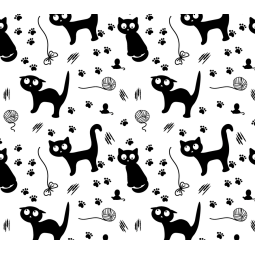 Baumwolle Canvas Katzen Stoff – Schwarze Katze Pfoten Wolle Muster Weiß Kinderstoff Deko Taschen Meterware Nähen DIY
