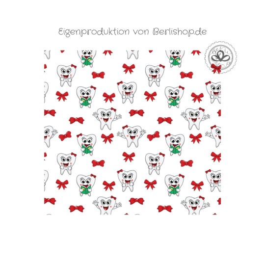 Baumwolle Canvas Zahn Stoff – Lustige Zähne Weiß Schleifen Zahnarzt Kinderstoff Praxis Deko Taschen Meterware Nähen DIY