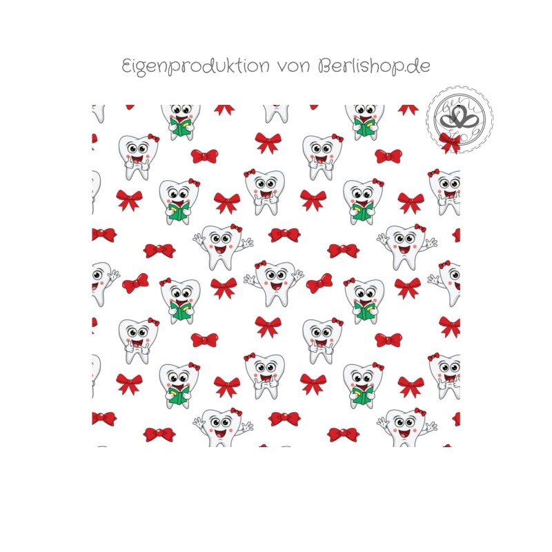 Baumwolle Canvas Zahn Stoff – Lustige Zähne Weiß Schleifen Zahnarzt Kinderstoff Praxis Deko Taschen Meterware Nähen DIY