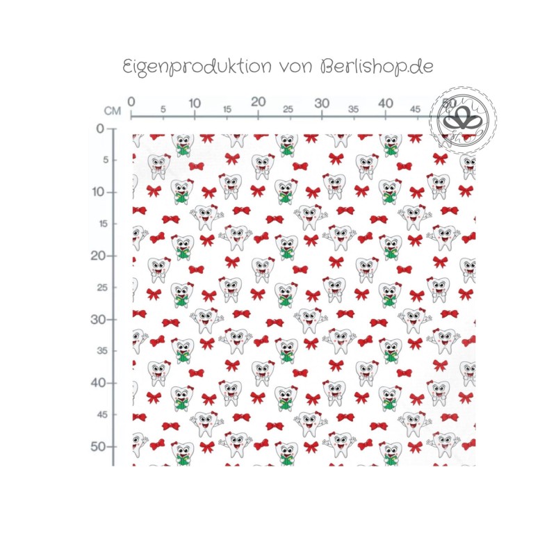 Baumwolle Canvas Zahn Stoff – Lustige Zähne Weiß Schleifen Zahnarzt Kinderstoff Praxis Deko Taschen Meterware Nähen DIY