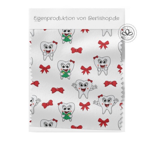 Baumwolle Canvas Zahn Stoff – Lustige Zähne Weiß Schleifen Zahnarzt Kinderstoff Praxis Deko Taschen Meterware Nähen DIY