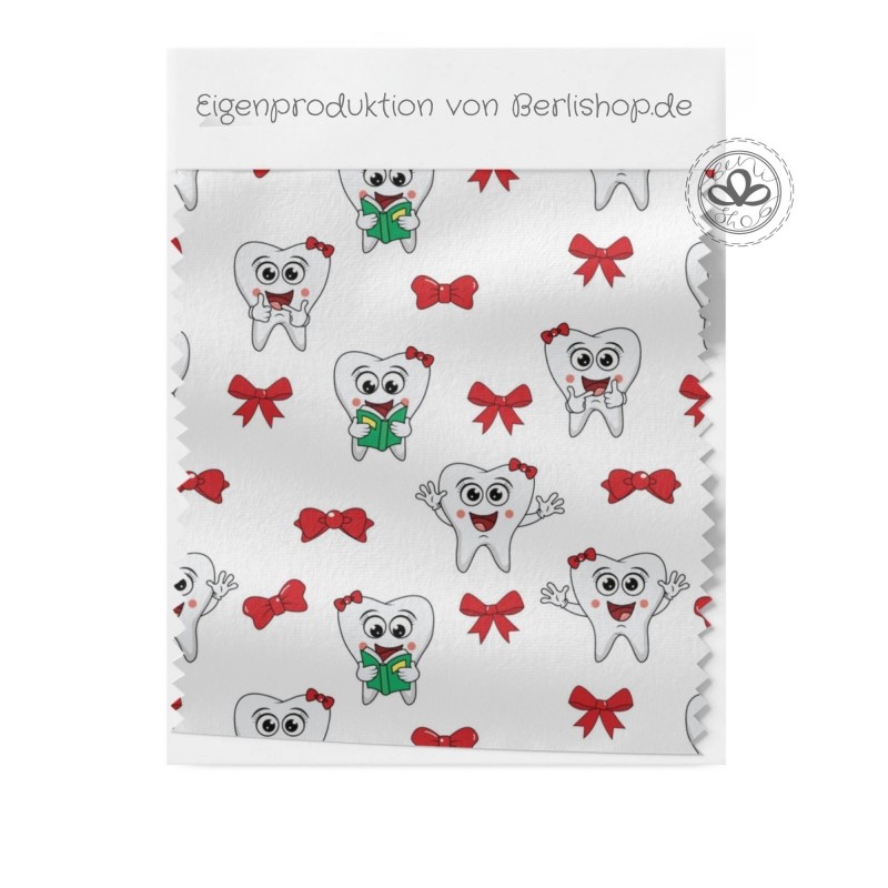 Baumwolle Canvas Zahn Stoff – Lustige Zähne Weiß Schleifen Zahnarzt Kinderstoff Praxis Deko Taschen Meterware Nähen DIY